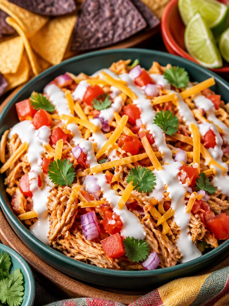 Plato de Pollo Deshebrado Mexicano servido con tortillas y salsa