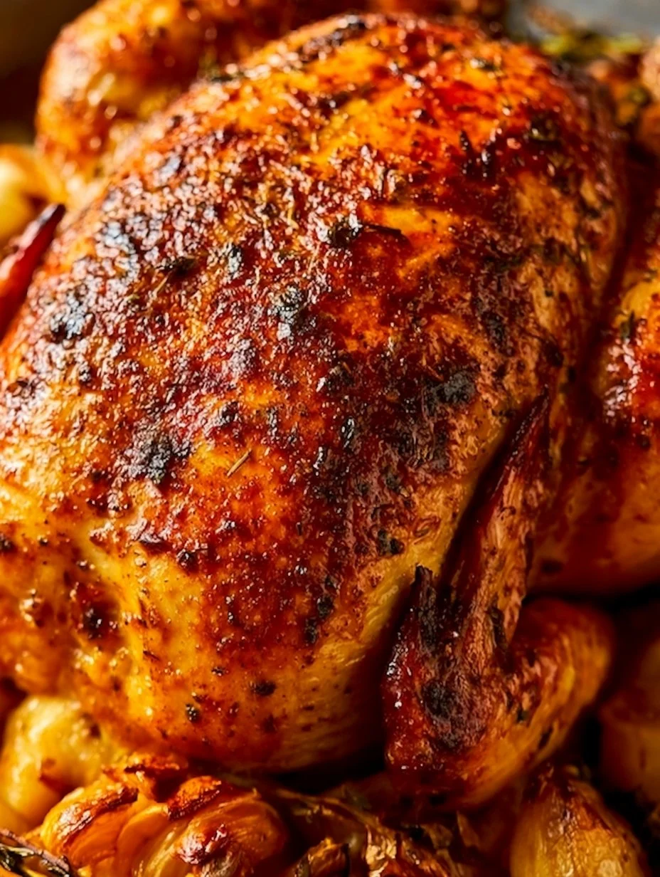 Pollo entero ahumado lentamente con piel crujiente y carne tierna