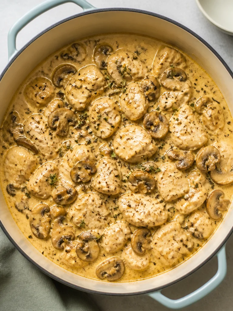 Pollo Instantáneo con Champiñones en un plato, receta fácil y rápida