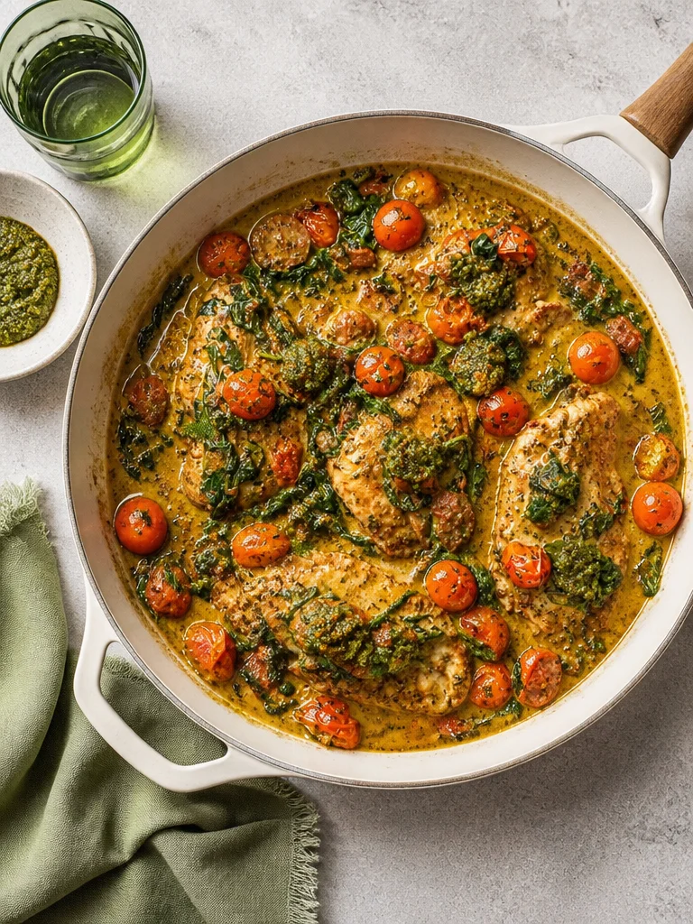 Plato de Pollo Pesto con tomates asados y espinacas en una presentación atractiva.