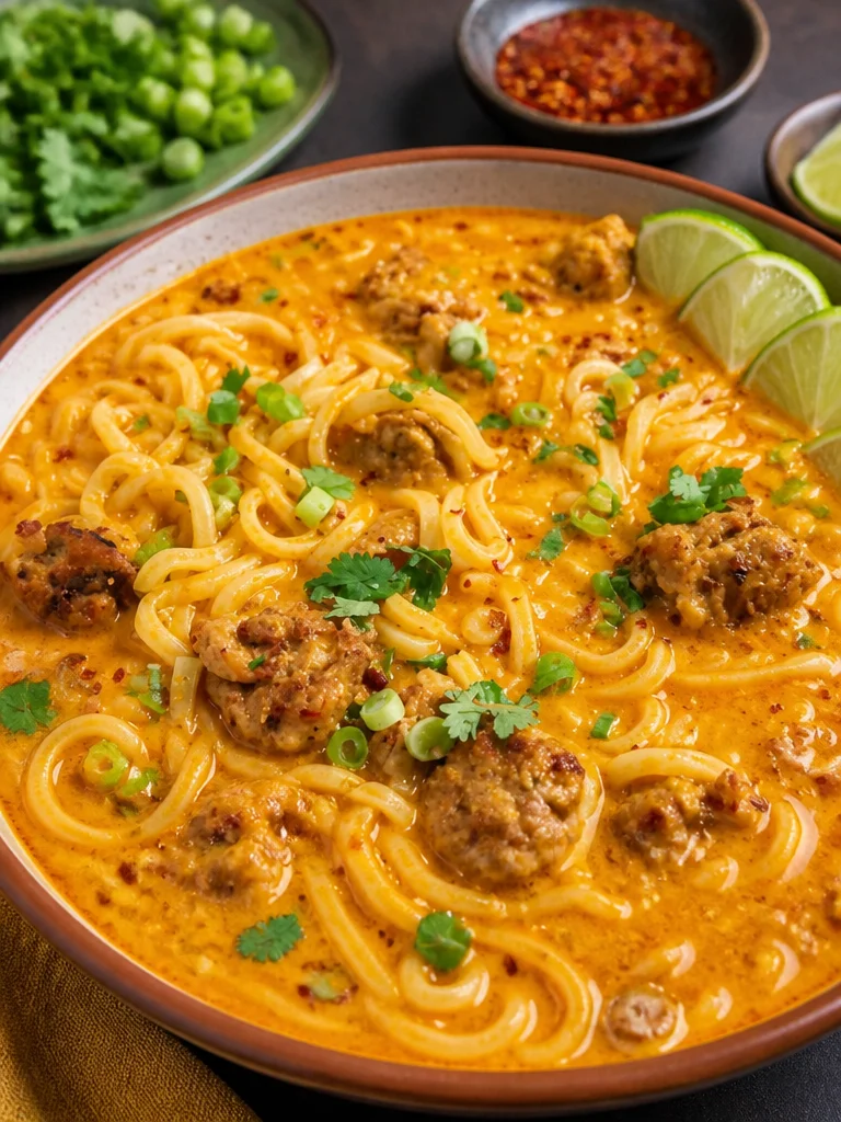 Pollo Udon al Curry Rojo con Coco al Estilo Tailandés