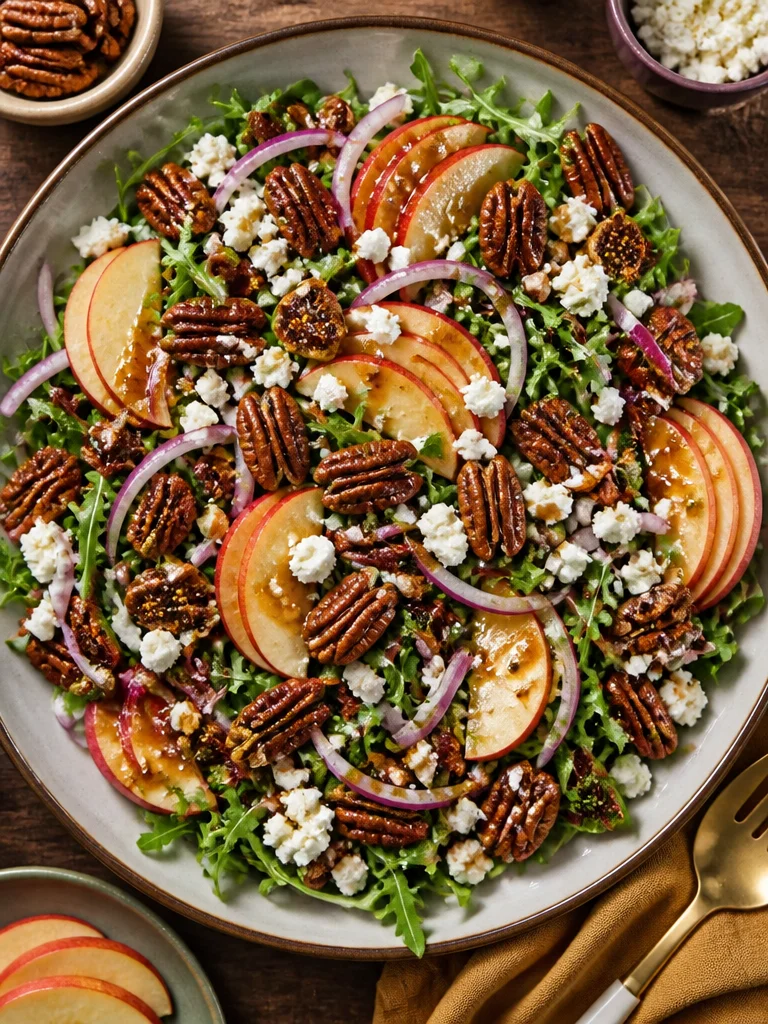 Ensalada de manzana y rúcula fresca preparada en un plato.