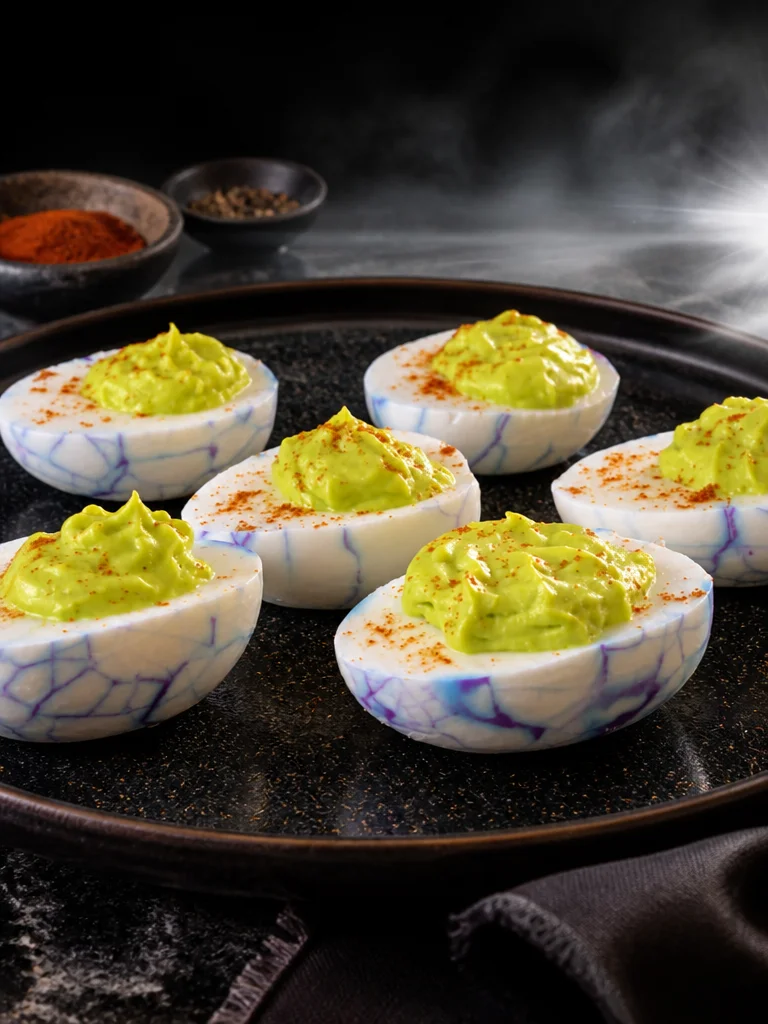 Huevos endiablados decorados para Halloween, perfectos para fiestas espeluznantes.