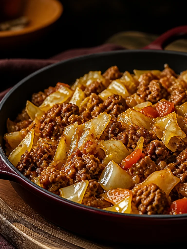 Plato de repollo y carne molida listo para servir, con una presentación apetitosa.