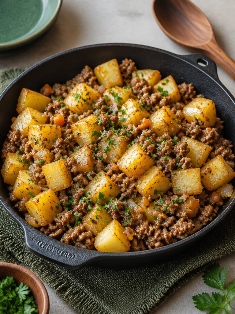 Receta de sartén de carne molida con papas en una olla