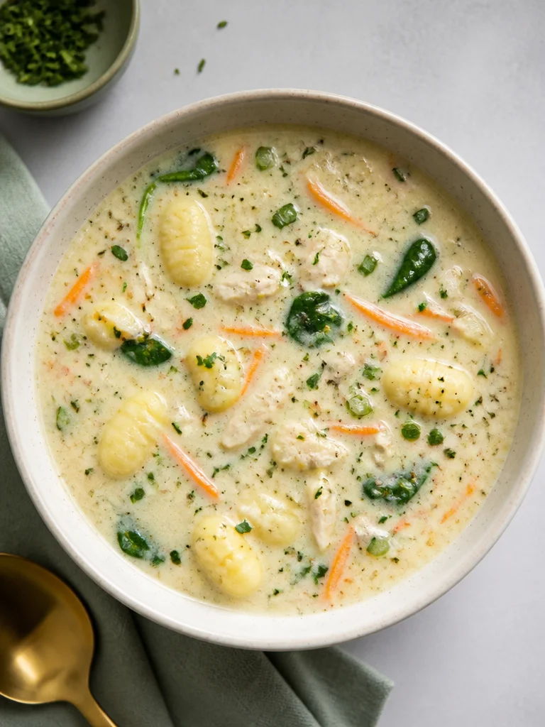 Sopa de gnocchi con pollo al estilo Olive Garden servida en un bol