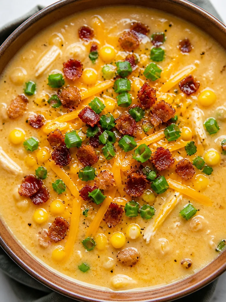 Plato de sopa de pollo y maíz caliente con verduras frescas y hierbas.