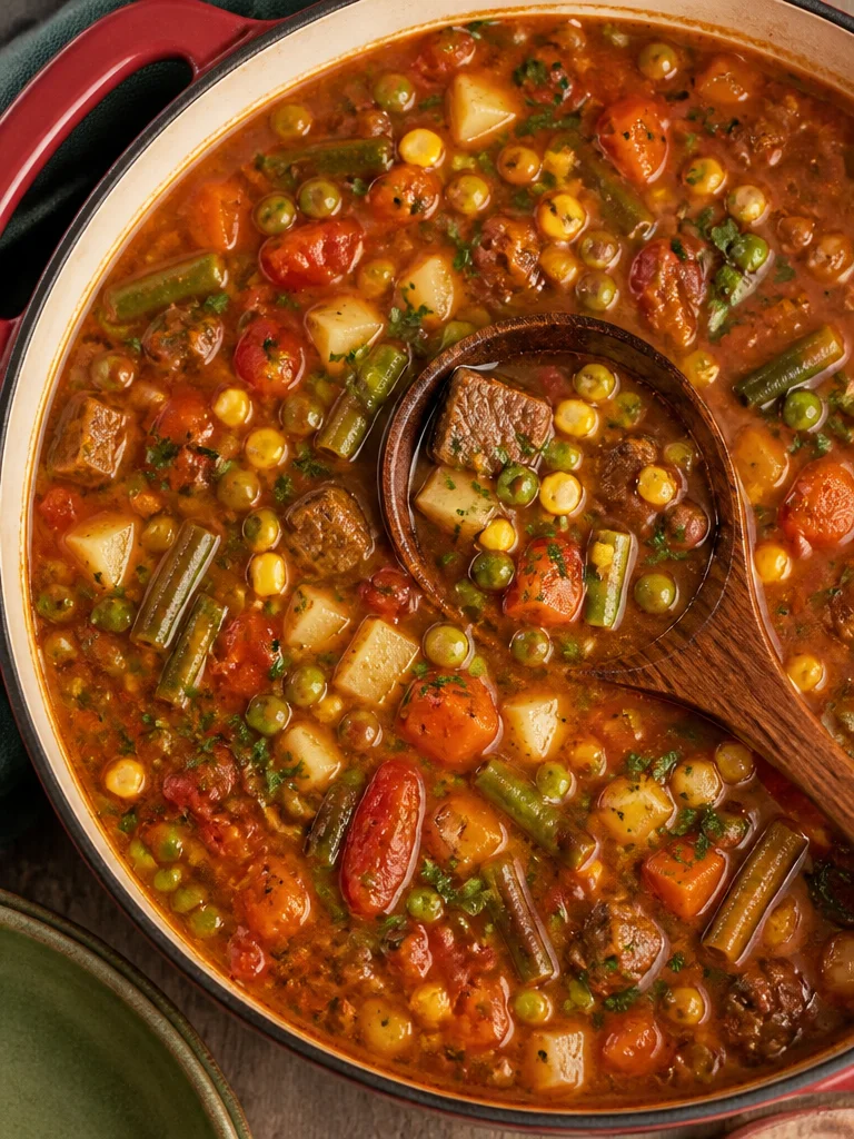 Deliciosa sopa de verduras casera en un plato, ingredientes frescos incluidos.