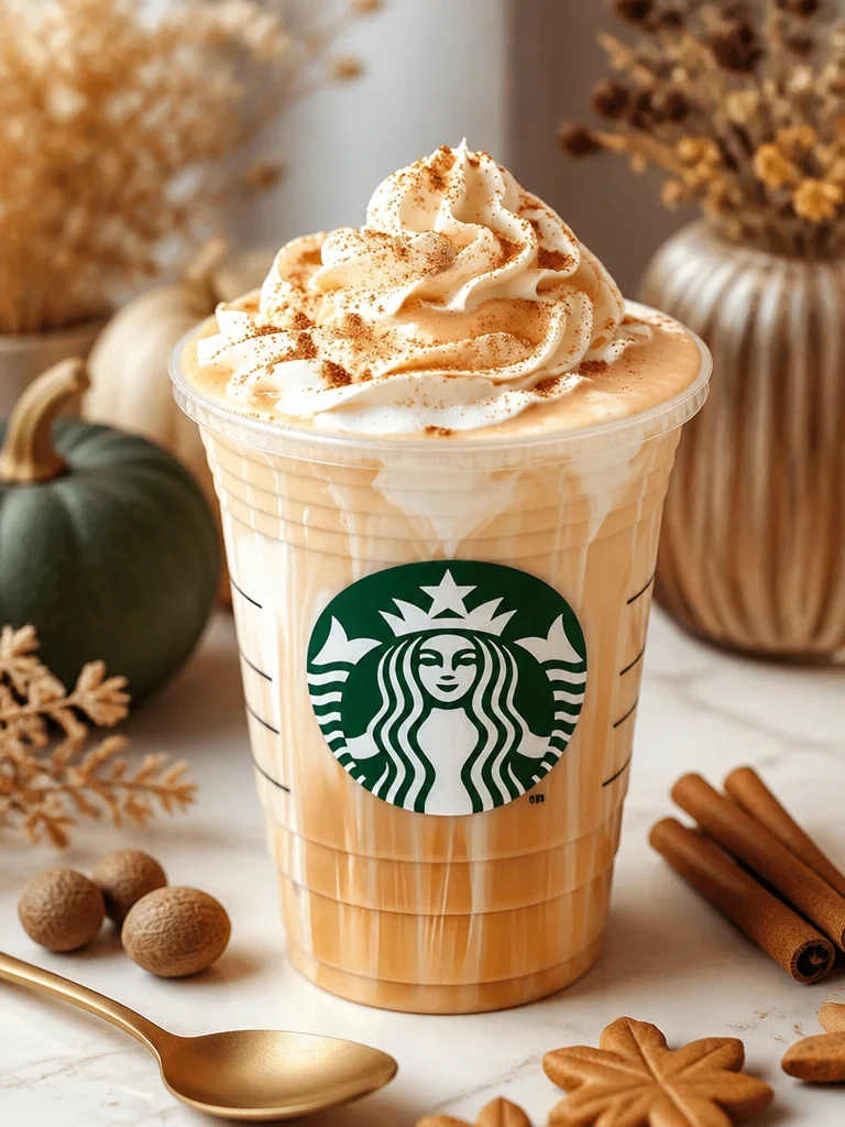 Un latte de calabaza servido en una taza con crema batida y canela