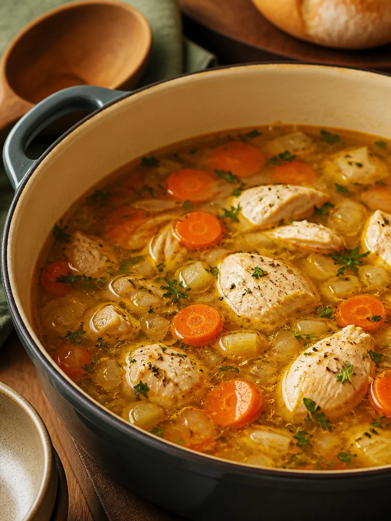 Receta fácil de sopa de pollo casera con ingredientes frescos y sabrosos.