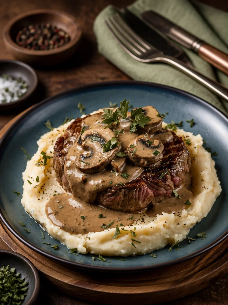 Filete jugoso con salsa cremosa servido en un plato elegante