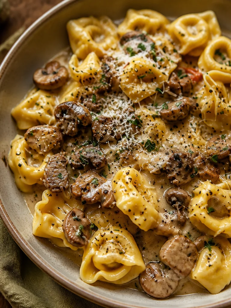 Bocados de carne de res salteados con tortellini en mantequilla cowboy