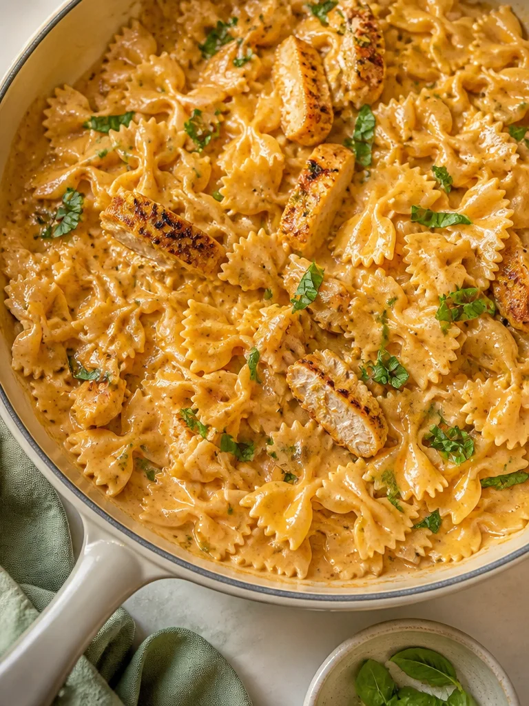 Plato de rica y cremosa Pasta de Pollo Cásame servido en una mesa elegante