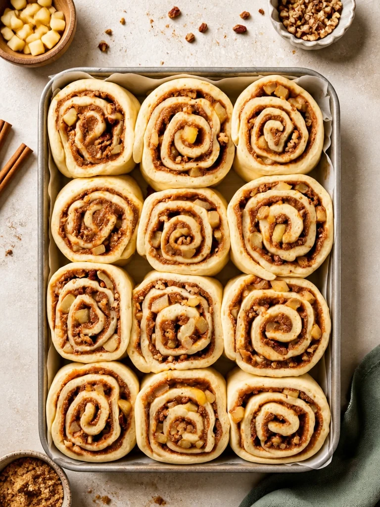 Rollos de Canela con Manzana recién horneados, dorados y decorados.