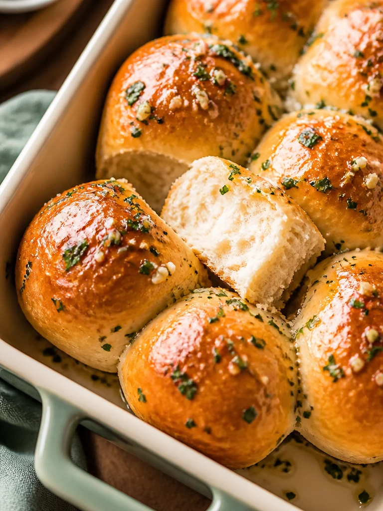 Rollos de Pan de Ajo recién horneados sobre una mesa de madera.