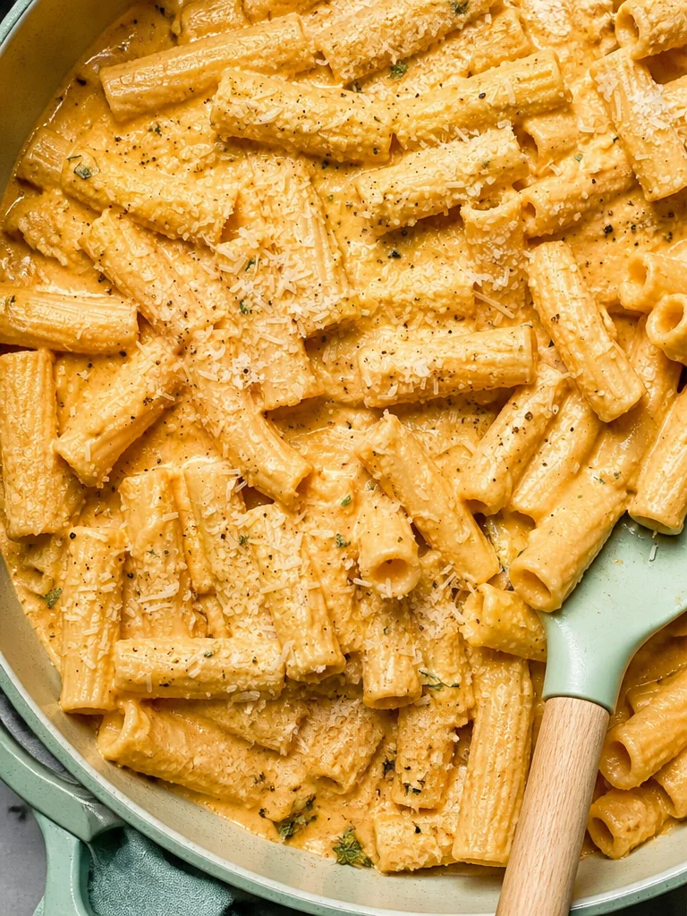 Salsa de Pasta de Calabaza lista para servir sobre un plato de pasta.