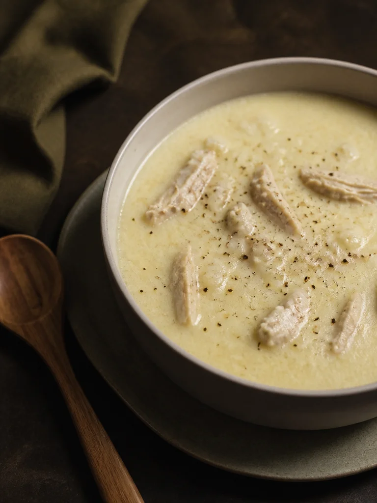 Sopa Avgolemono Griega con pollo, huevo y limón en un tazón