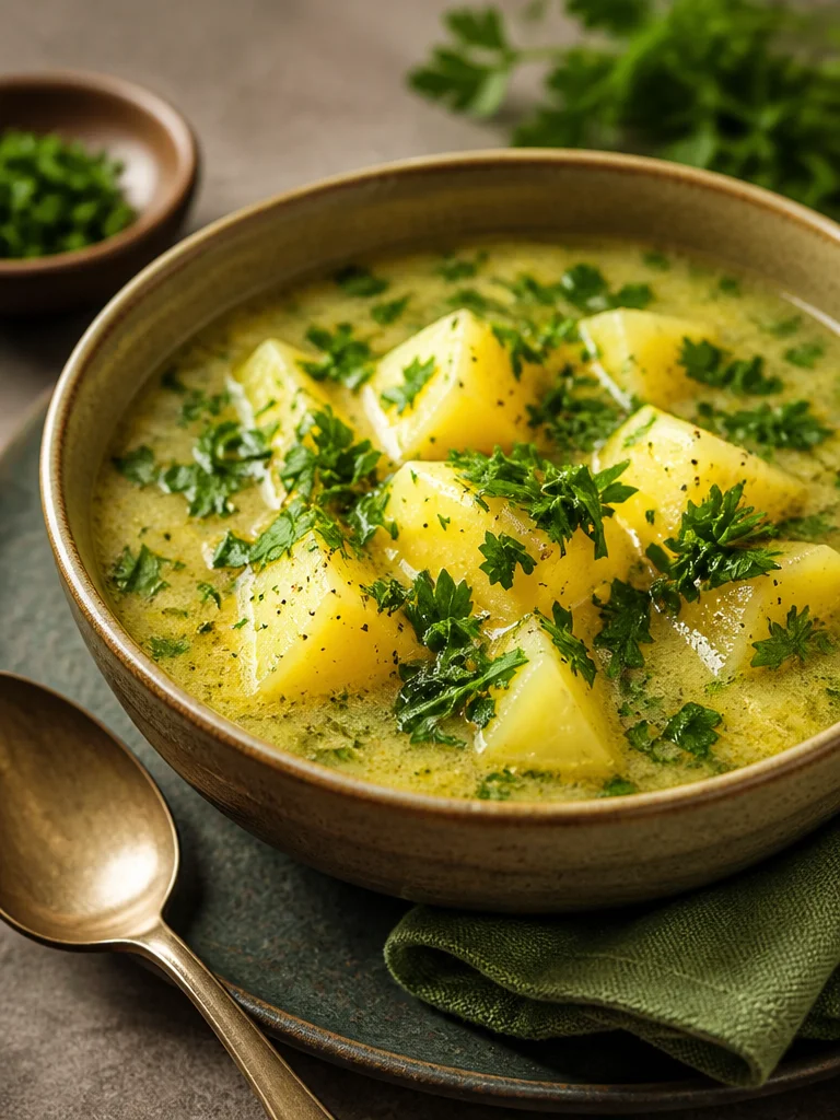 Sopa cremosa de papa peruana en un tazón, con perejil fresco y crutones.