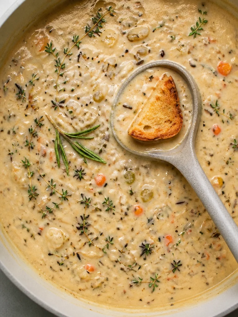 Tazón de sopa cremosa de pollo y arroz salvaje, ideal para días fríos.
