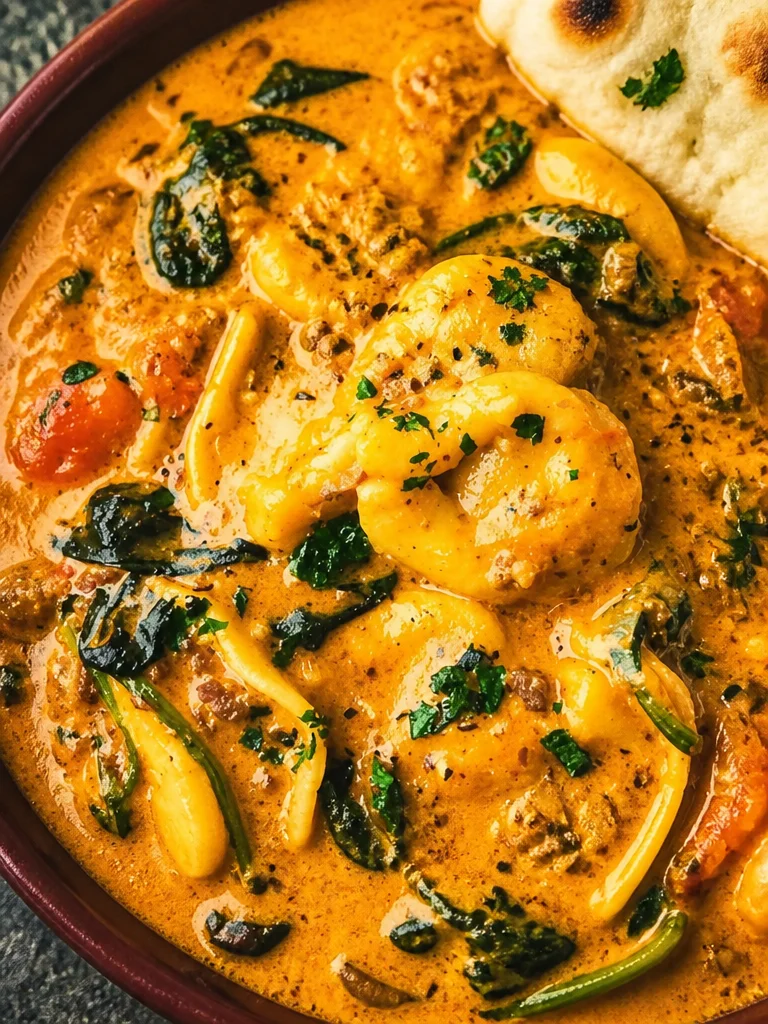 Sopa cremosa de tortellini de res en un tazón con hierbas frescas.