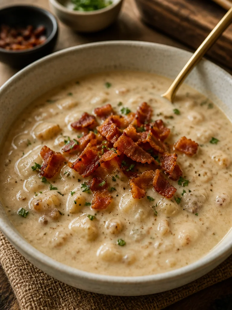 Sopa Cremosa del Vaquero servida en un tazón con ingredientes frescos.