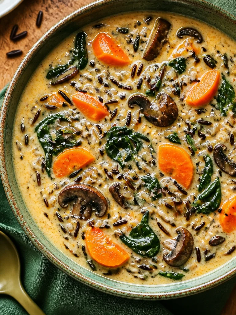 Sopa de arroz salvaje otoñal en un tazón, ideal para días fríos.