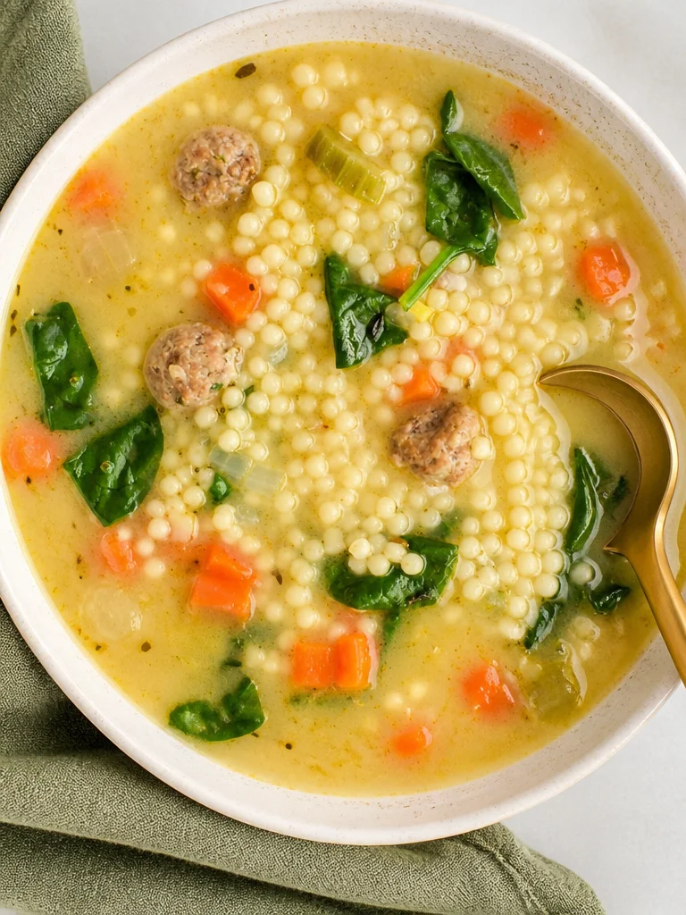 Sopa de Boda Italiana con hierbas y harina servida en un tazón