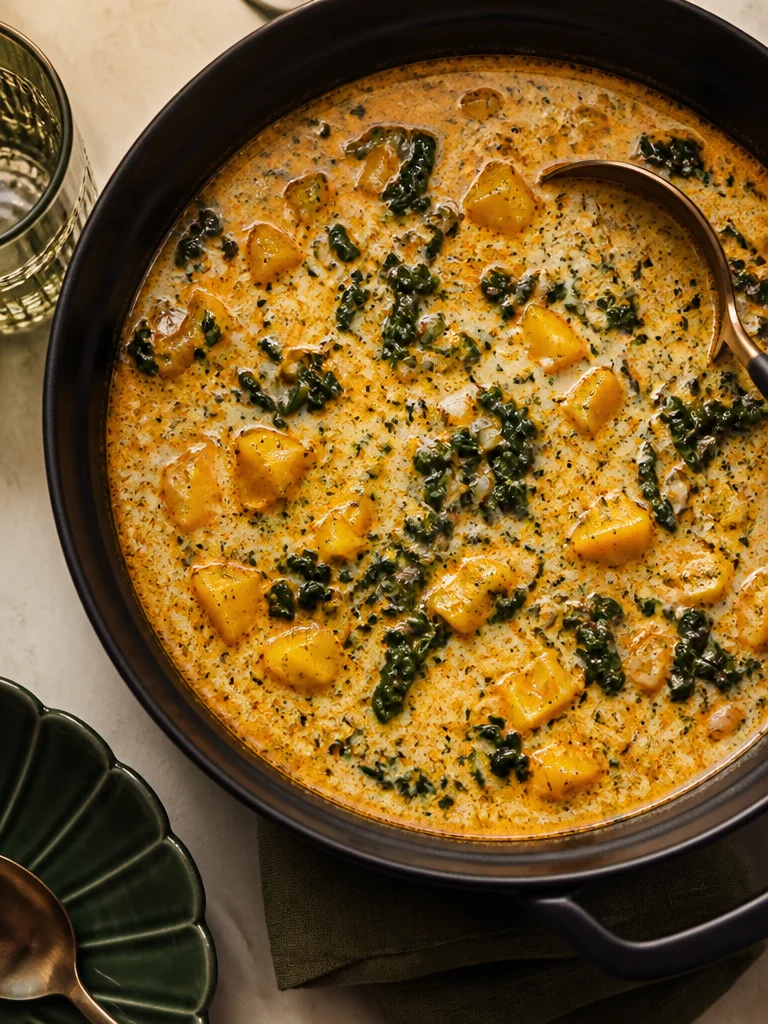 Deliciosa sopa de calabaza manteca con kale y frijoles blancos en un tazón.