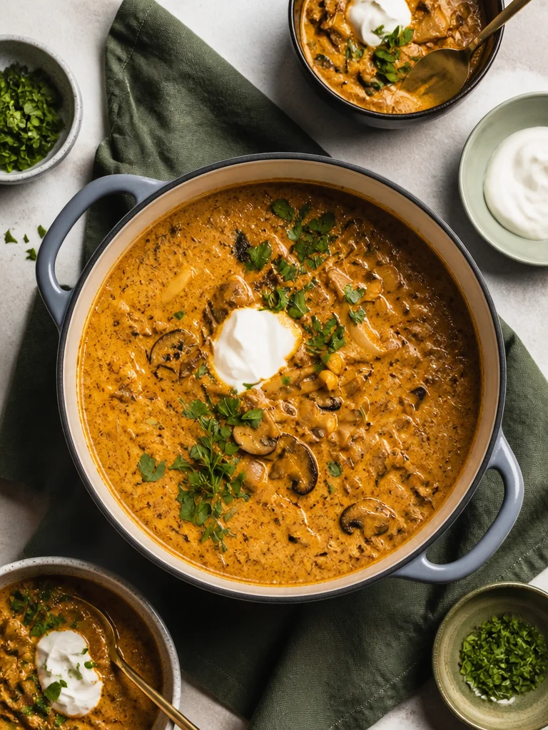 Sopa de champiñones húngara cremosa en un tazón con perejil fresco