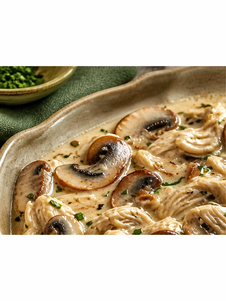 Sopa de champiñones sustanciosa en un bol, lista para servir