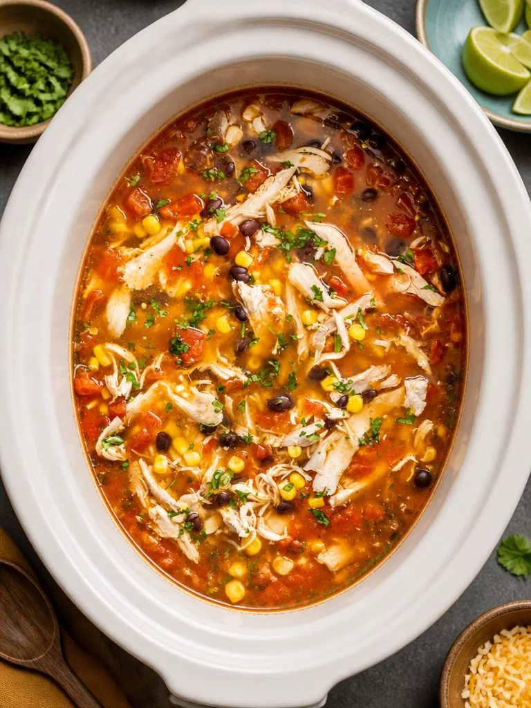 Sopa de fajitas de pollo cocinada en olla de cocción lenta, deliciosa y reconfortante.