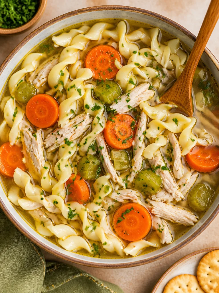 Sopa de fideos con pollo asado fácil preparada en olla de cocción lenta