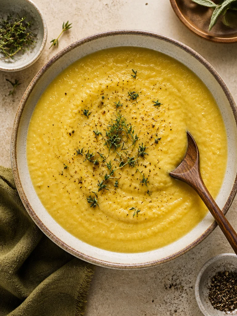 Sopa de hinojo asado con papas y manzana en un tazón.
