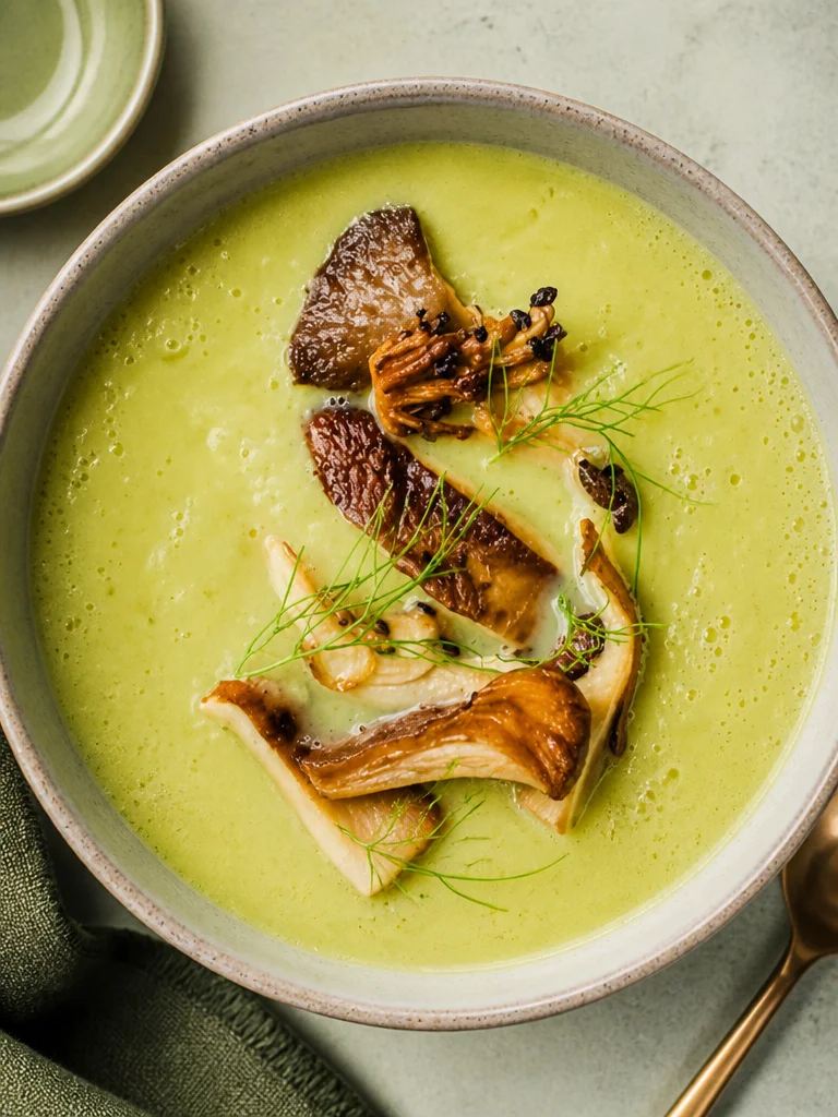 Sopa de hinojo y puerro con champiñones en un cuenco blanco