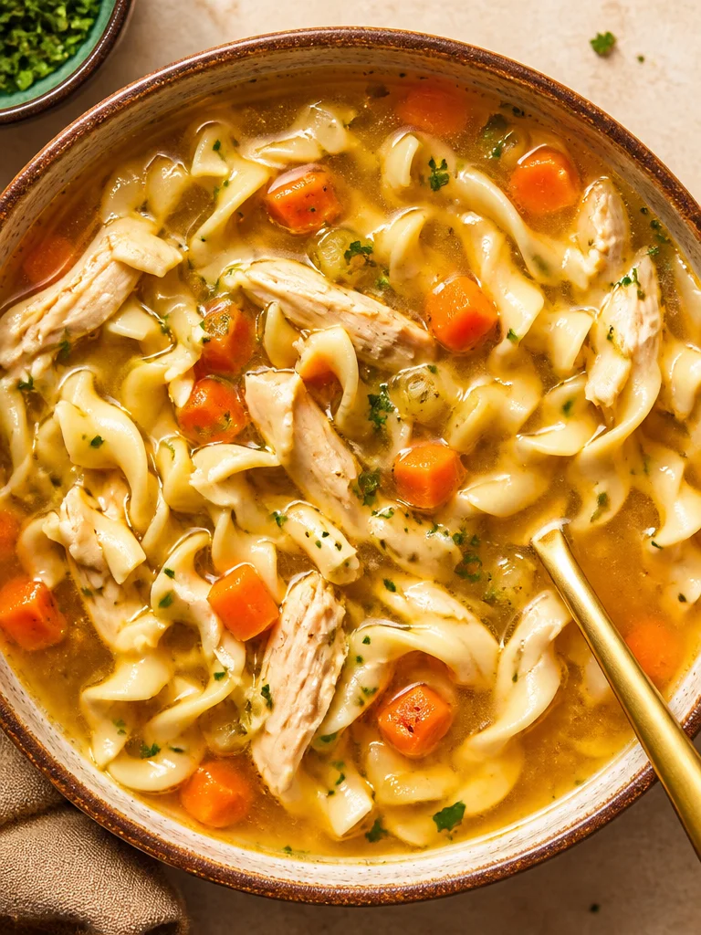 Sopa de Pollo con Fideos servida en un plato hondo