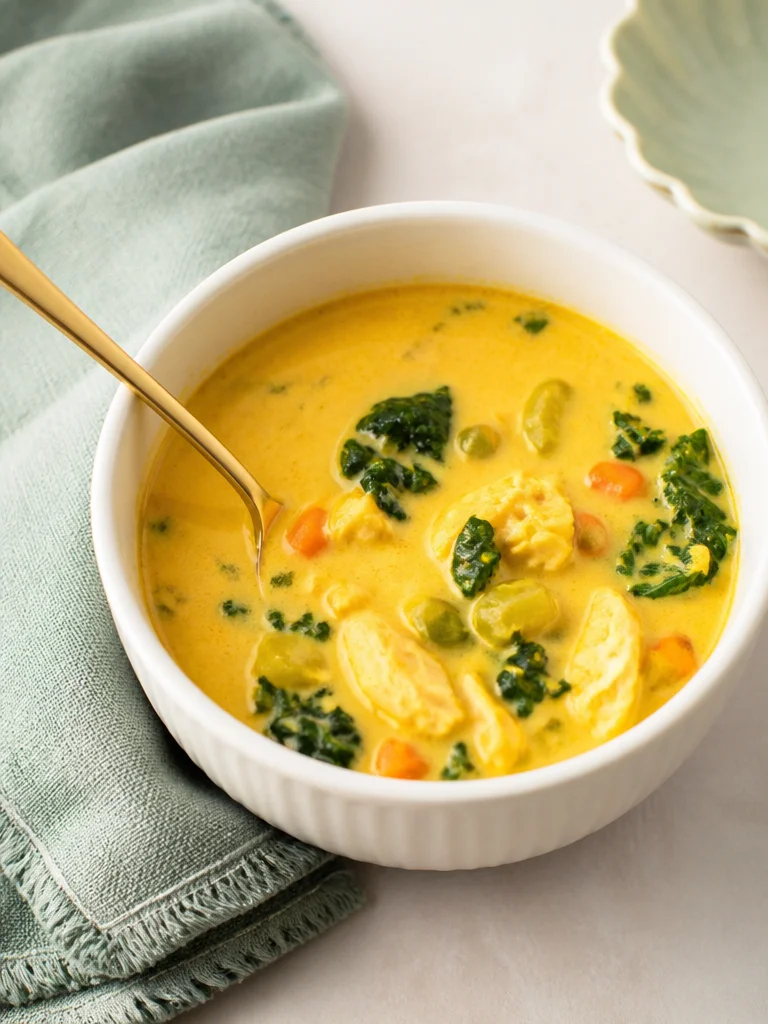 Sopa de pollo curativa con cúrcuma en un tazón nutritivo
