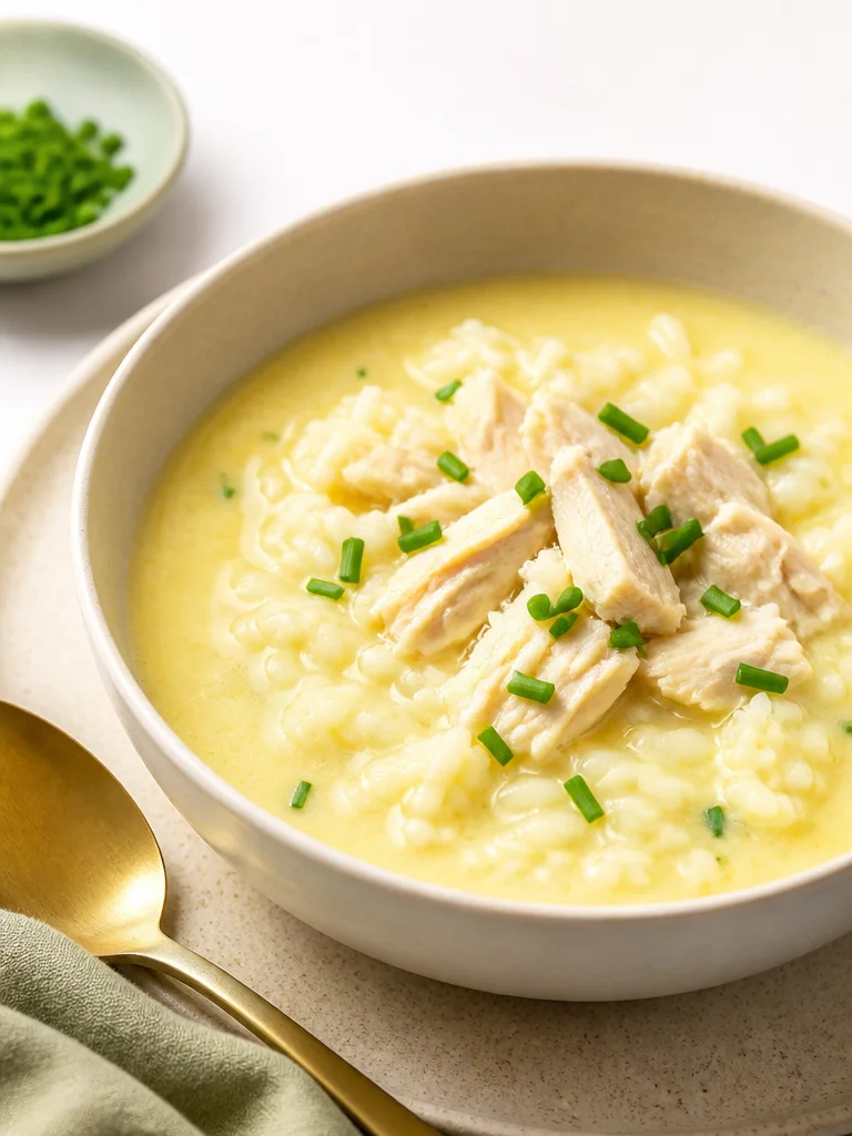 Sopa de Pollo Griega con Limón servida en un bol con hierbas frescas
