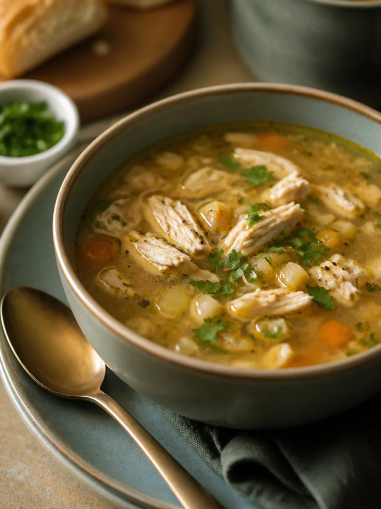 Sopa de Pollo caliente en un tazón, ideal para sentirse mejor