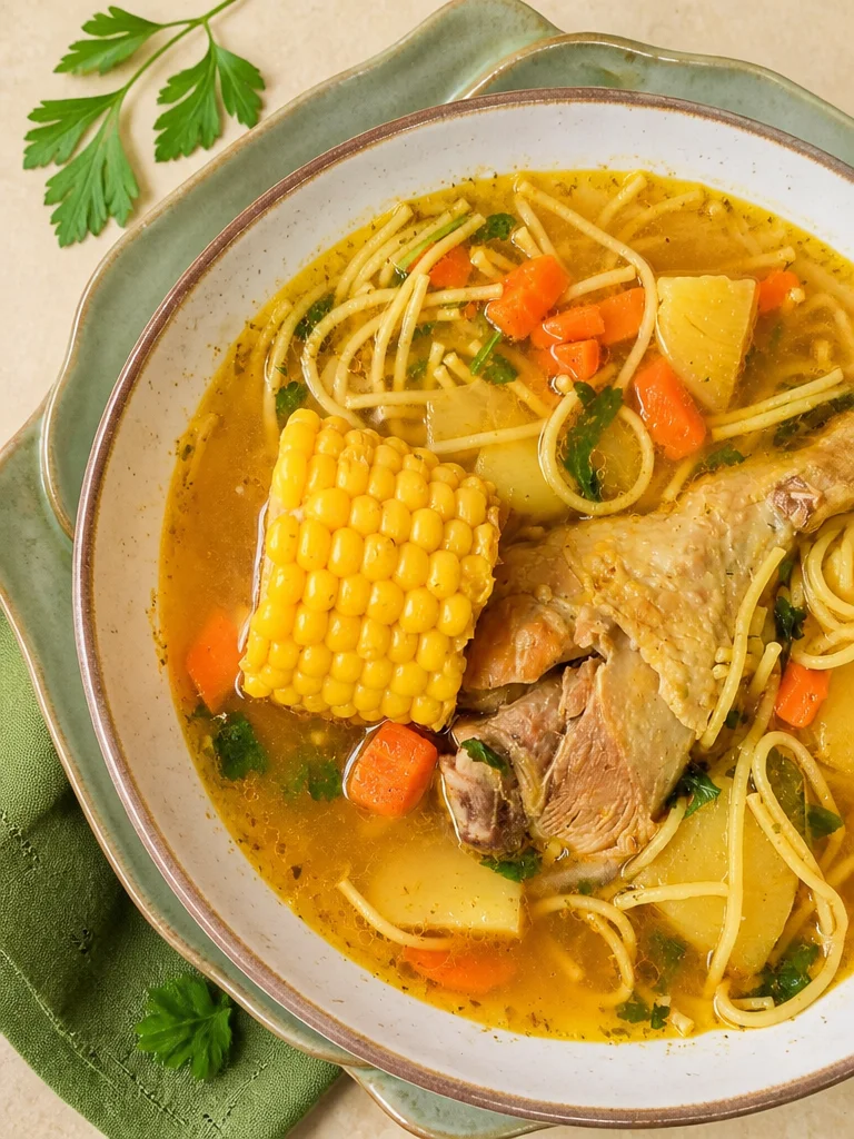 Tazón de Sopa de Pollo Puertorriqueña con vegetales frescos y hierbas