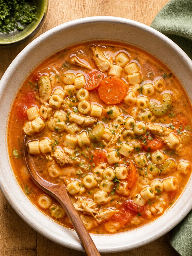 Sopa de Pollo Siciliana en un tazón con hierbas frescas y vegetales.