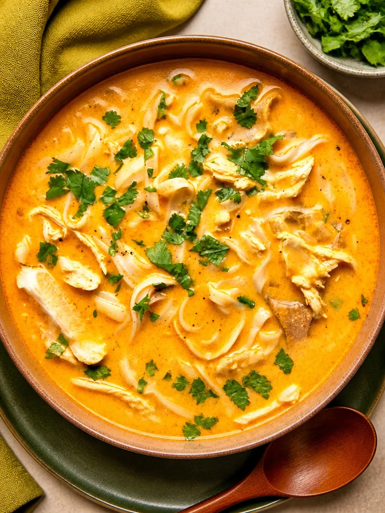 Deliciosa sopa de pollo tailandesa con coco y especias