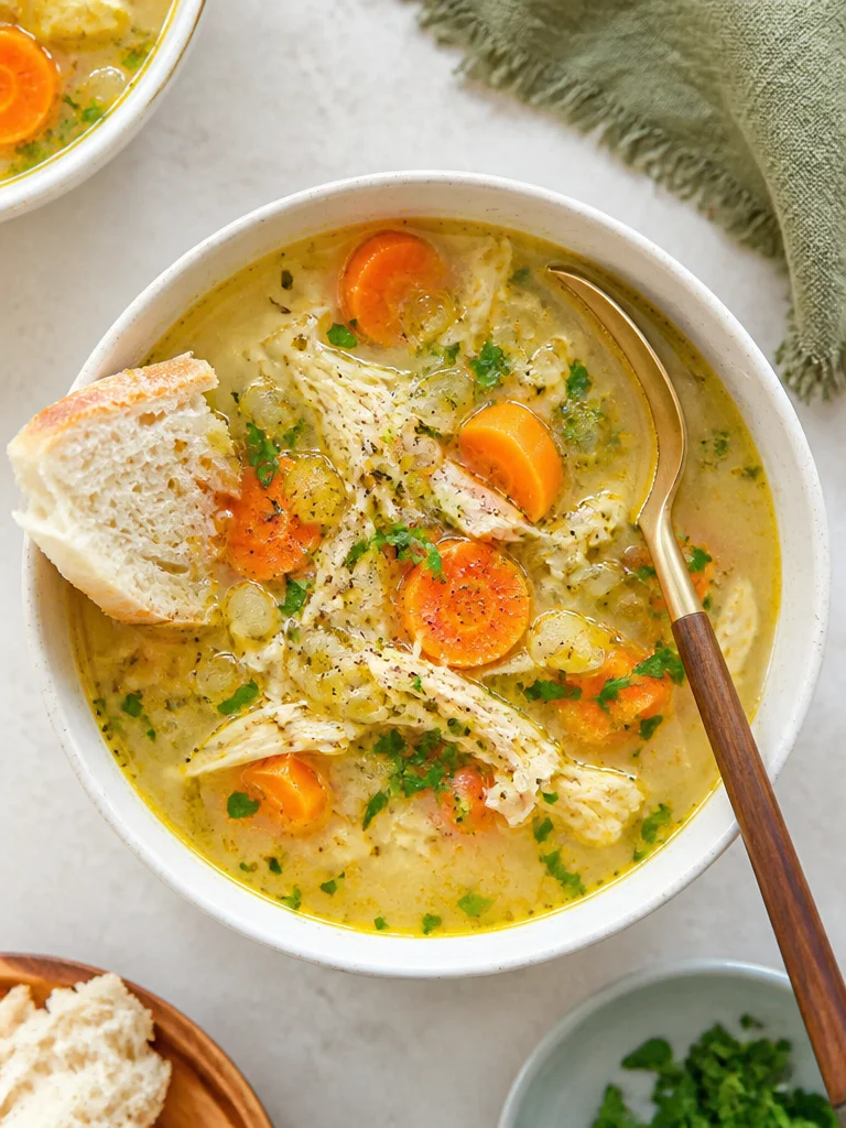 Sopa de Pollo y Arroz Sanadora, un delicioso plato caldoso y reconfortante