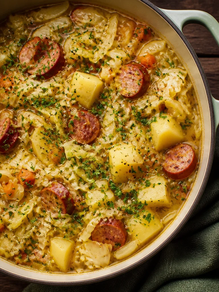 Tazón de Sopa de Repollo con salchicha y patata