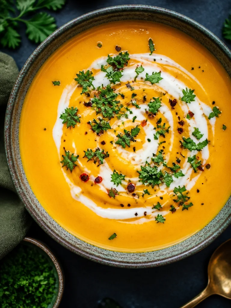 Sopa picante de calabaza butternut y batata en un tazón