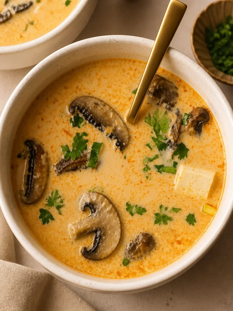 Sopa tailandesa de coco vegana en un cuenco con ingredientes frescos al lado