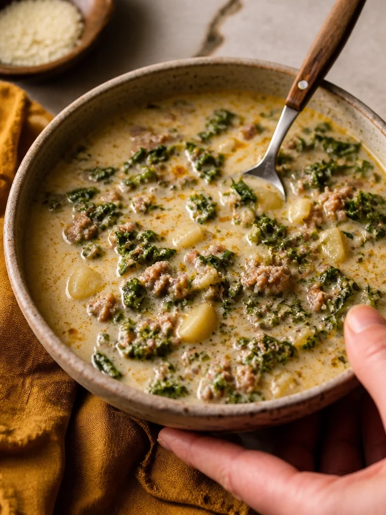 Sopa Toscana acompañada de pan y hierbas frescas en un plato colorido.