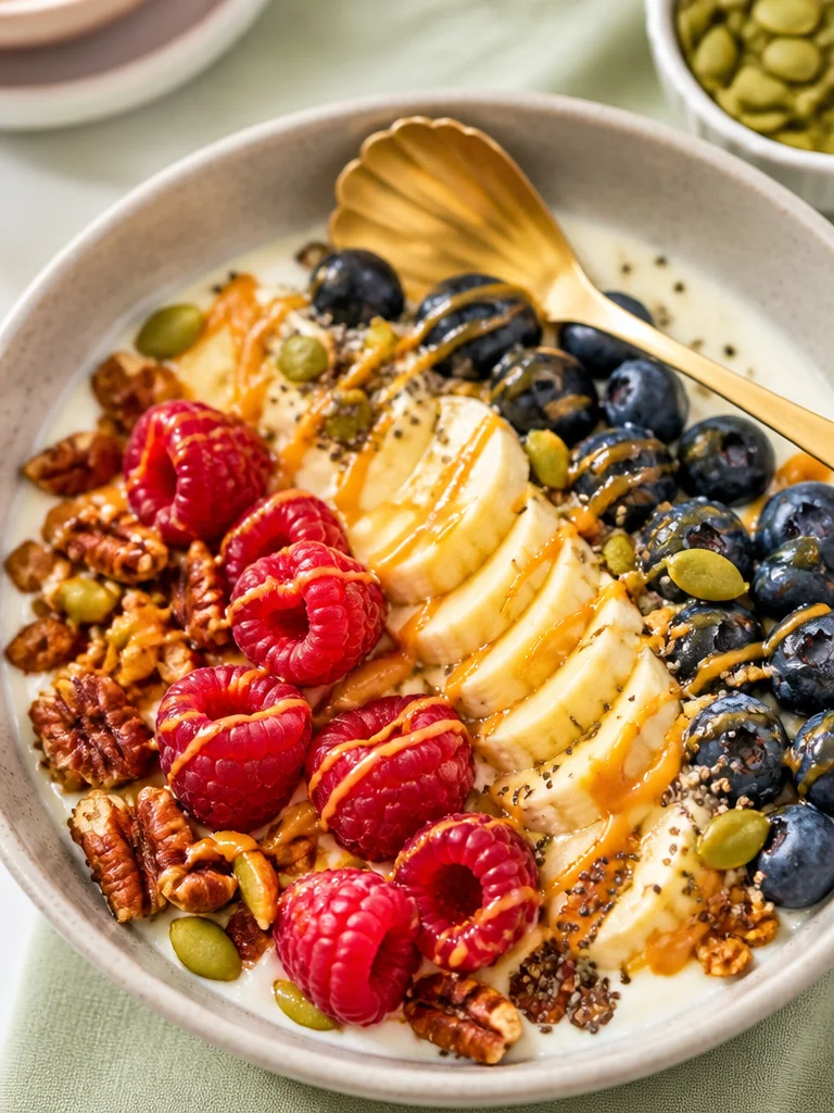 Receta de Superfood Bowl con yogur griego vegano y ingredientes saludables.