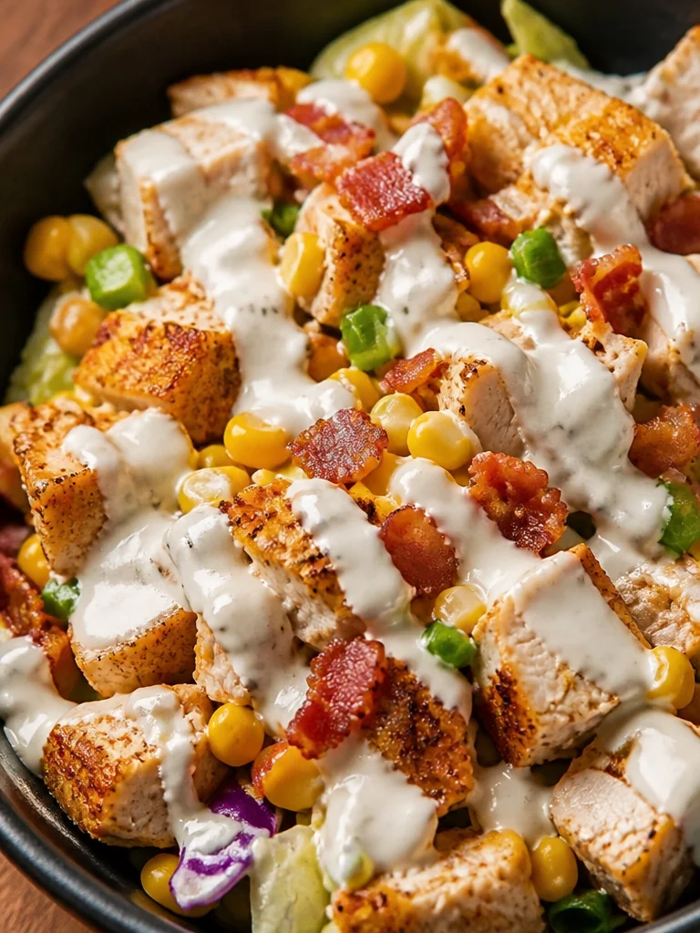 Tazón de batata con pollo, bacon y aderezo ranch alto en proteínas