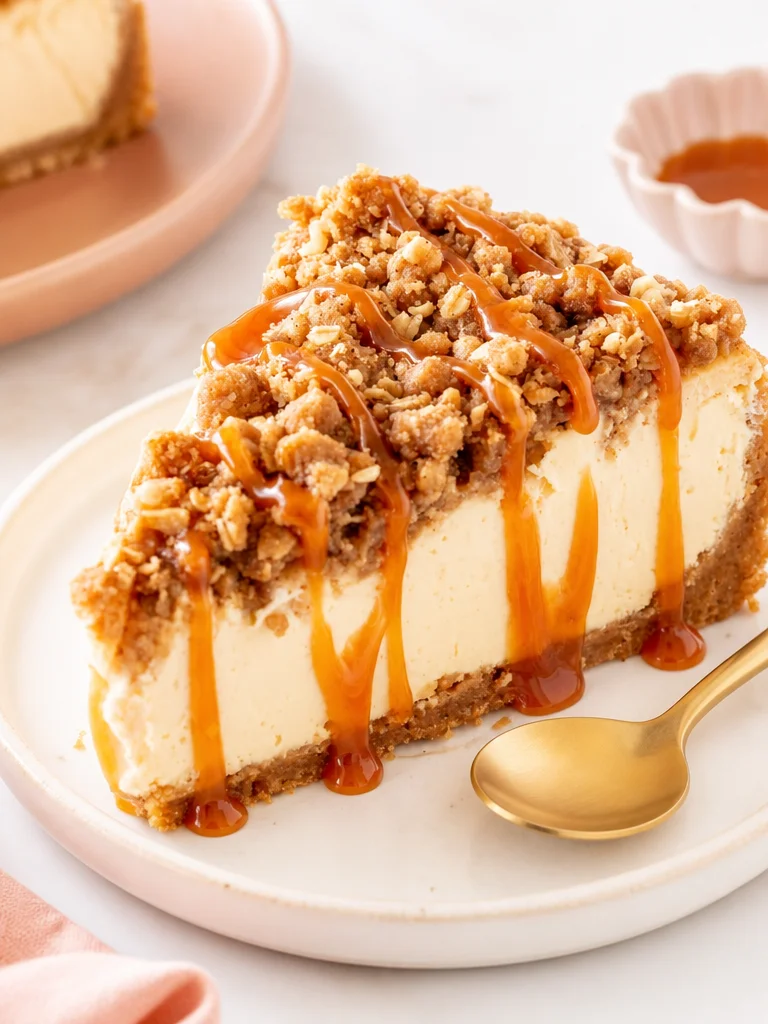 Tarta de queso con manzana crujiente servida en un plato decorativo