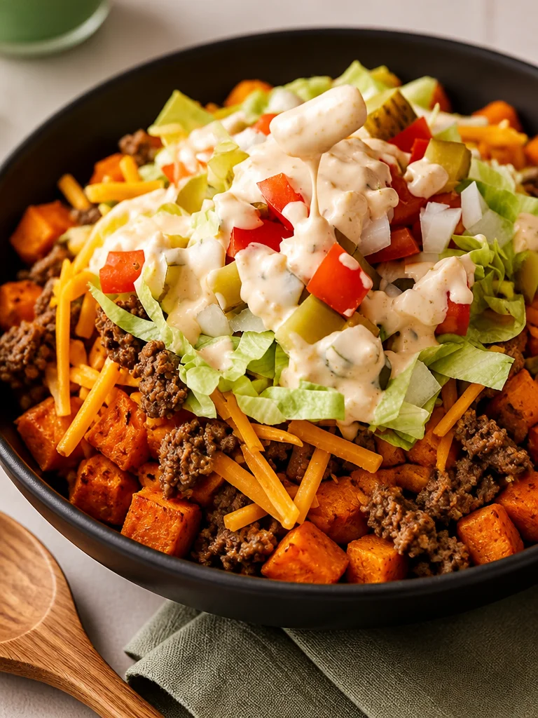 Tazón de hamburguesa de batata con carne molida, comida saludable y deliciosa